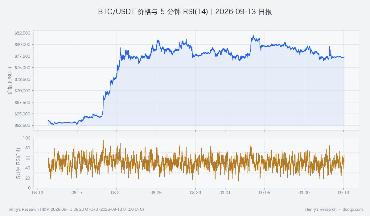 BTC/USDT 近 30 日价格与 5 分钟 RSI(14)